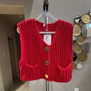Red Knit Button-Up Sweater Vest